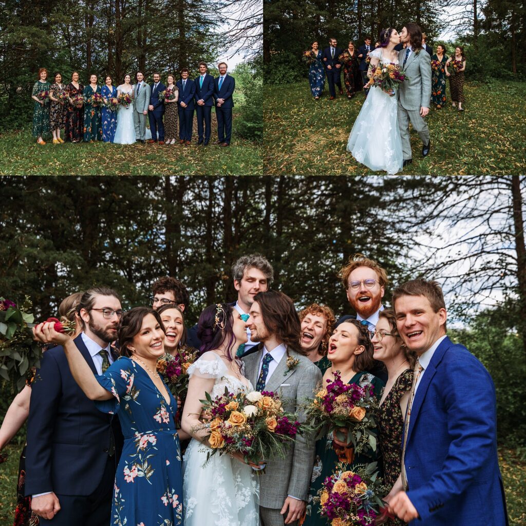 posing with their wedding party at Wildwood Barn & Cottage