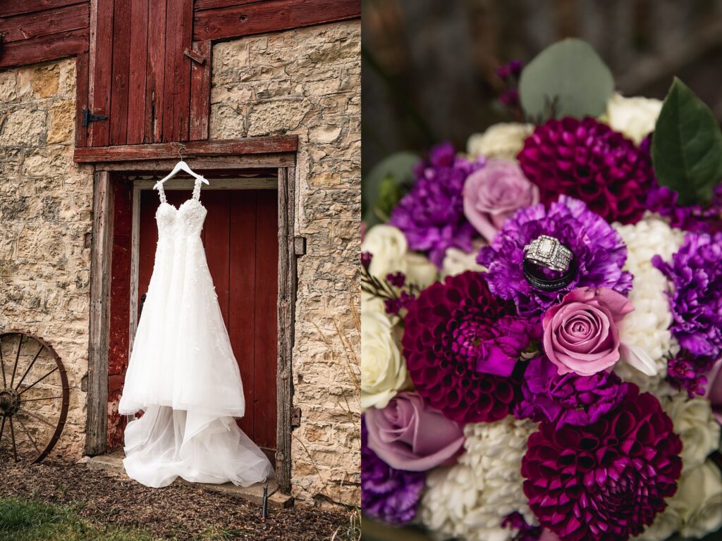 Wedding dress hanging at Over the Vines before the ceremony.