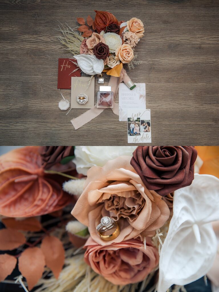 Bridal bouquet with flower fall flowers and greenery.